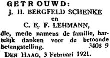 1921 Huwelijk Johann Hermann Bergfeld Schenke en Catharina Elisabeth Frederika Lehmann  